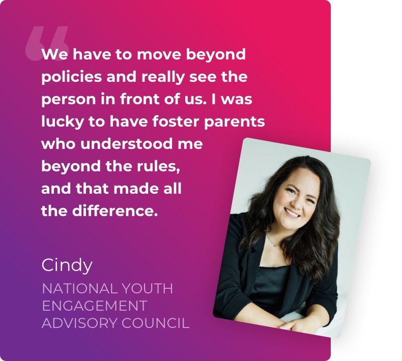 Testimonial quote card with portrait image of Cindy.