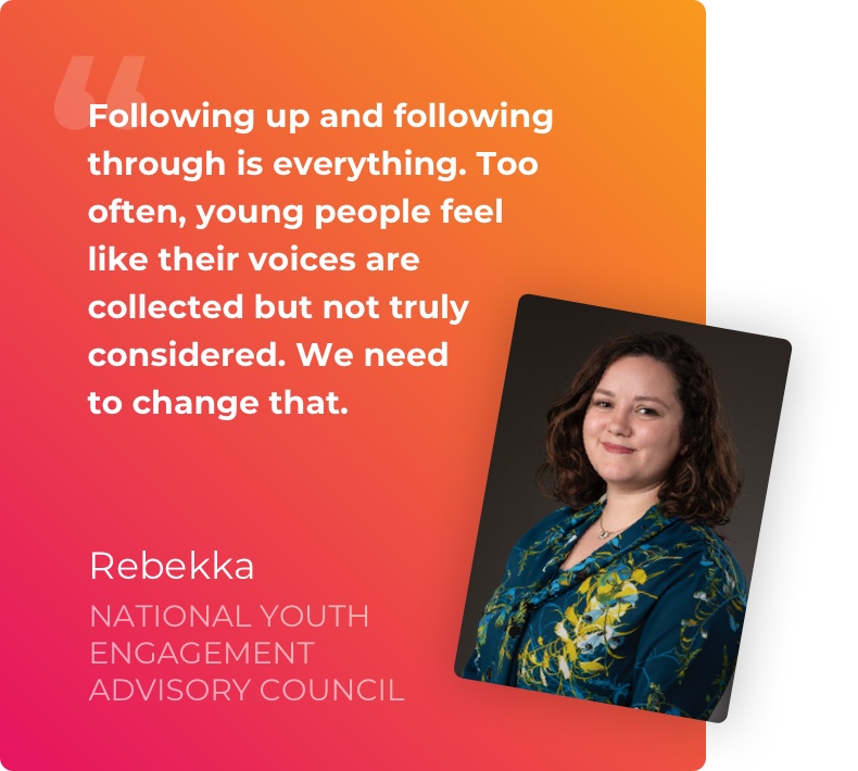 Testimonial quote card with portrait image of Rebekka.