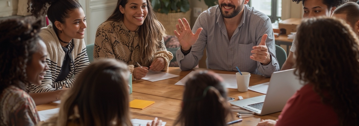 A diverse group of young adults and professionals sitting around a conference table engaged in a collaborative group discussion.